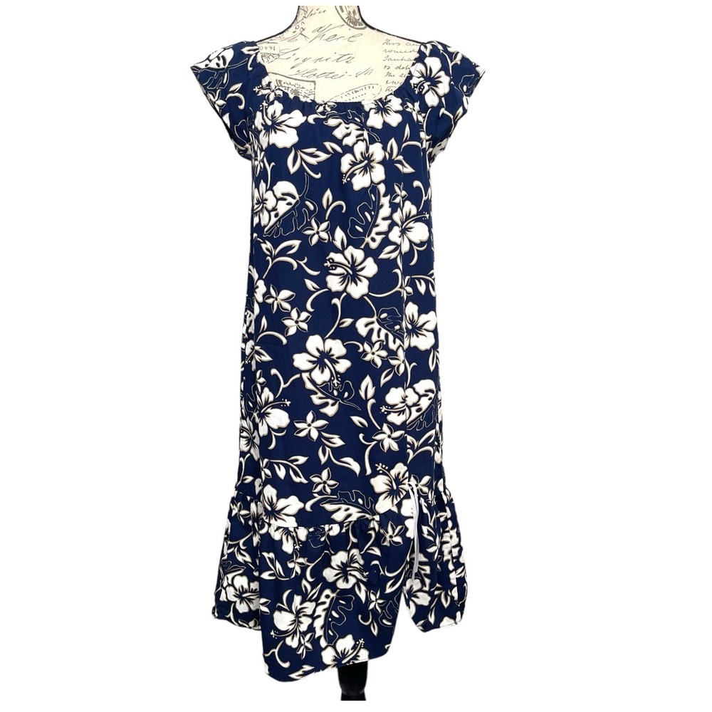 Hilo Hattie Muumuu Dress Womens L Vintage Blue‎ Floral Hibiscus Hawaiian Luau